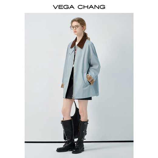 VEGA CHANG风衣女2025新款春季撞色拼接设计美式户外感外套上衣 灰天蓝 M