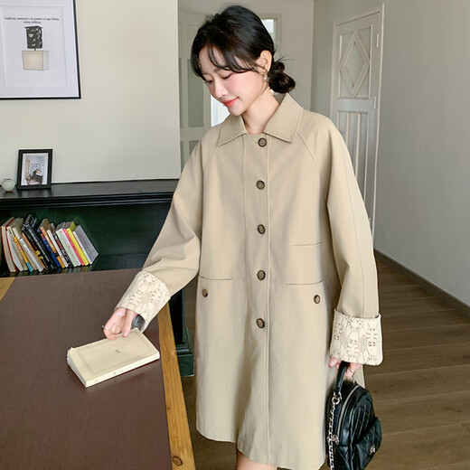 皮尔卡丹卡其色设计感蕾丝拼接风衣外套女2025春季韩系宽松显瘦中长款大衣 卡其色 常规 L （ 121-135斤）