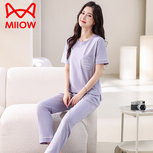 猫人（MiiOW）睡衣女夏季薄款2025年新款纯棉短袖长裤家居服套装夏天全棉可外穿 7374豆绿 L 100-120斤