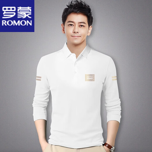 ROMON pure cotton long-sleeved T-shirt for men spring and autumn new bottoming shirt for young and middle-aged people slim business POLO shirt men's inner top RM7561 black lapel long sleeve M