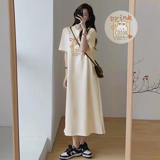 Nanbowan Mujeres embarazadas Summer Vestido de algodón puro de moda Falta de algodón de alas corta Camiseta de manga corta Cartoon Lazy Ins Trendy Long Falda larga Color de albaricoque (695 Modelos) M
