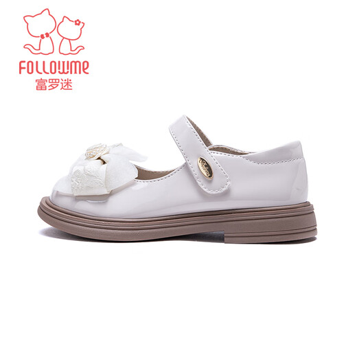 Fuluo Mi Girls' Leather Shoes Spring and Autumn New Mary Jane Shoes Children's Sweet Bow Princess Shoes Off-White 35