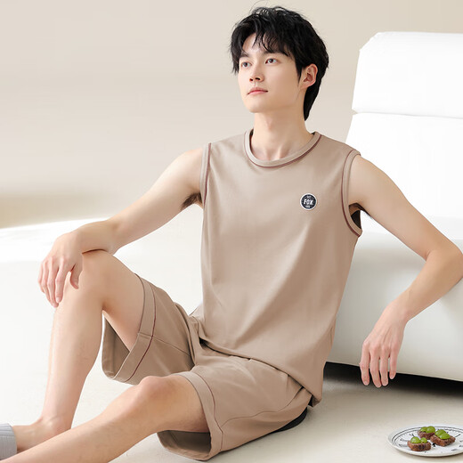 睡衣男夏季纯棉无袖背心夏天青少年大码男士薄款休闲家居服套装 YDY13658 3XL 码（推荐160-180斤）