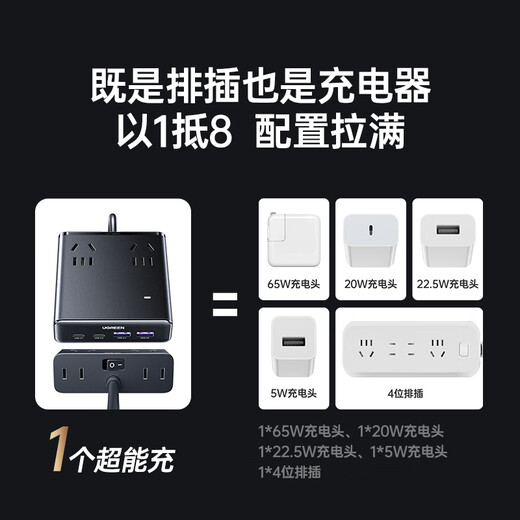 绿联S6【适用iPhone17】桌面充电站插排插线板氮化镓65W快充电器多功能USB/TypeC插座魔盒8孔总控1.5米