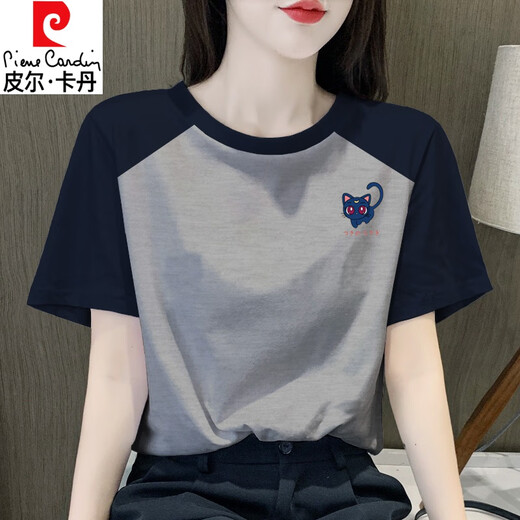 Pierre Cardin Retro Raglan T-shirt à manches courtes pour femmes 2025 NOUVEAU T-shirt en coton pur Niche Top Top et Slim 1476 Fleur gris / Rotto Blue Raglan Courte-manche (noir 3xl