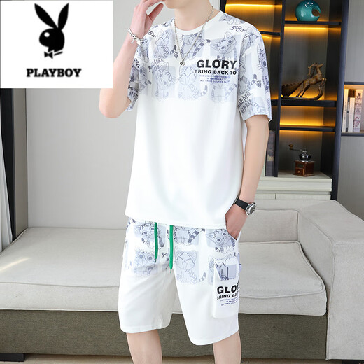 Playboy (PLAYBOY) 2025 summer new short-sleeved suit for men teenagers versatile shorts casual sports two-piece set gradient color men's clothing 6187 blue M