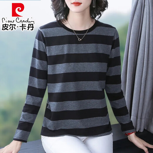 Pierre Cardin Loose Lose Long Ärmel-T-Shirt für Frauen 2025 Frühling und Herbst Neues modisches inneres Basishemd sowie vielseitiges Frühspring-T-Shirt Top für Frauen 6623 Gelb [Big Stripes l Vorschlag [105-120jin [Jin gleich 0,5 kg]