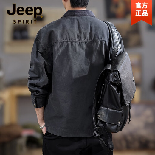 JEEP SPIRIT American retro cotton work jacket men's spring and autumn new Detroit loose large size versatile lapel jacket dark gray L suitable weight 130-145Jin Jin equals 0.5 kg