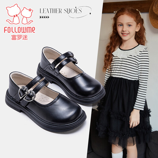 富罗迷女童小皮鞋春秋季新款小女孩公主鞋儿童时尚软底单鞋 黑色 34 