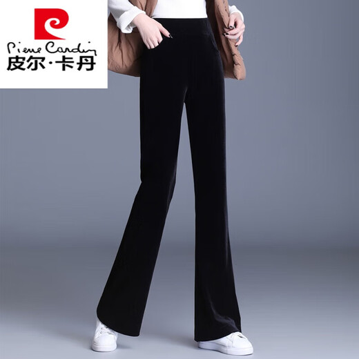 皮尔卡丹丝绒喇叭裤女春秋小个子金丝绒微喇裤显瘦直筒裤高腰长裤子休闲裤 3886 黑色 长裤 +绒款 3XL 135-150斤