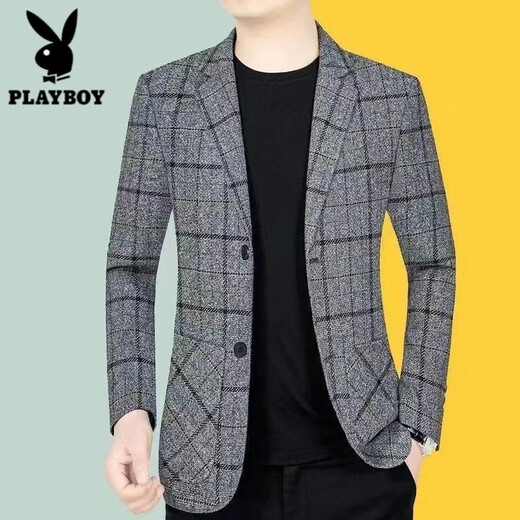 Playboy (PLAYBOY) suit jacket men's new autumn and winter business casual autumn and winter style middle-aged men's plaid suit Korean version trendy khaki plus velvet thickened XL recommended 115-130 Jin Jin equals 0.5 kg