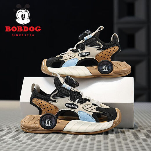 Babudou Boys 'Schuhe 2024 Sommer neuer Stil Little Boys Headpack Hollow Casual Shoes Kinder Nicht-Schlupf-Freizeitschuhe 5166 Schwarze Aprikosenfarbe-Sandalen [Hollow Bag-Pack] 26 (innere Länge 16,5 cm