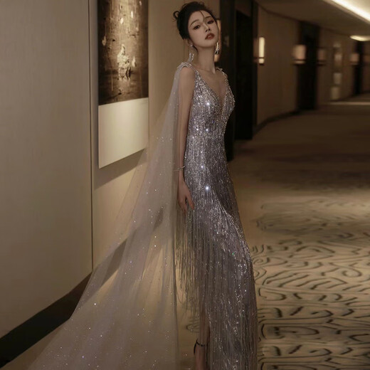 小憨鹿晚礼服女高级感性感重工裙2025新款轻奢小众法式婚纱鱼尾敬酒年会 银白色 L