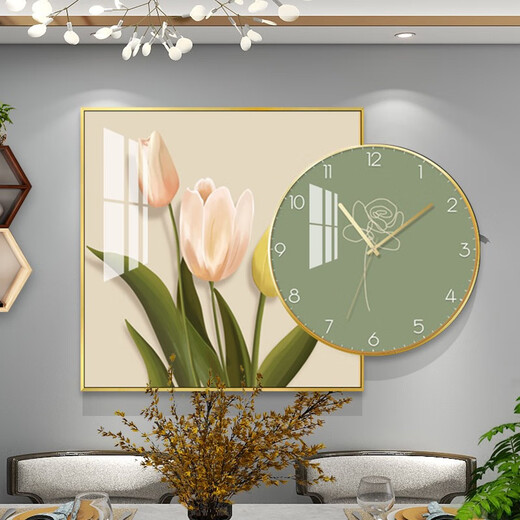 
Nordic simple and fashionable restaurant with clock combination decoration paintings, light luxury dining room background wall hanging paintings, crystal porcelain paintings, TXMG12608 60*60cm+round diameter 40cm, total length 80 elegant