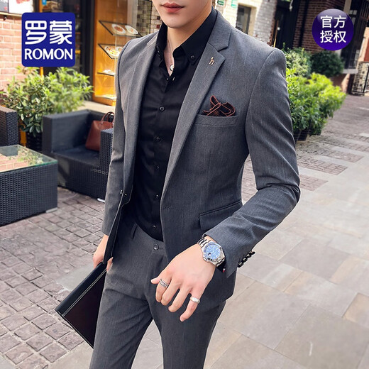 ROMON spring and autumn plaid small suit men's suit slim Korean style handsome suit men's British style trendy casual jacket 85 gray (jacket + pants) L (110-125Jin Jin equals 0.5 kg)