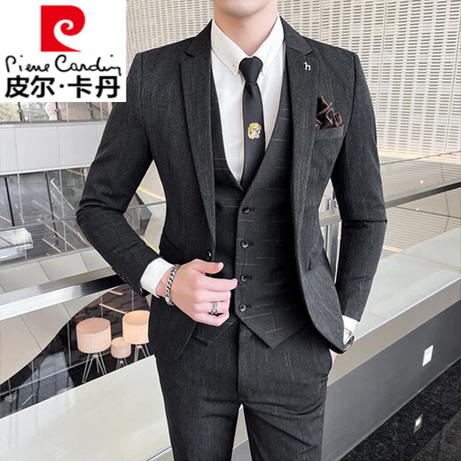 Pierre Cardin (pierre cardin) suit men's suit dark pattern wedding dress groom groomsmen group men's three-piece suit business professional formal wear trend black gray suit vest trousers + tie L (106-120Jin Jin equals 0.5 kg)