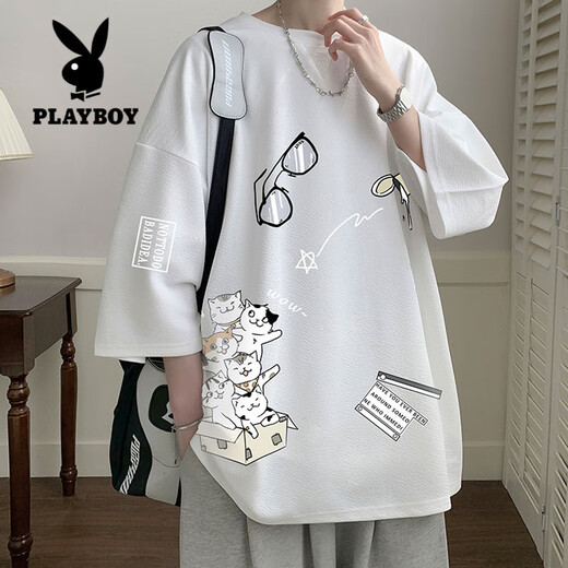 Playboy (PLAYBOY) Men's Short-sleeved T-shirt Summer Ice Silk New Fashionable Brand Hong Kong Style Kitten Printed Top Teenager Cubic Sleeve T-shirt TQ11115B Black + Q11162B Black L About 110~125Jin [Jin equals 0.5 kg] Can be worn