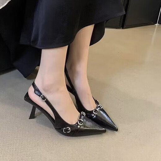 Guiqi Patente de cuero punteado tacones negros para mujeres Sandalias de mochilas de 6 cm Backle Back Back Strap Temperamento del tacón delgado y de patente maduro Negro 37 37