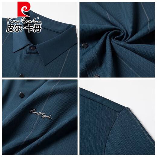 Pier Cardin High-de gamme authentique en soie de mûrier authentique à manches à manches longues pour le printemps et l'automne, New Casual Striped Ferred Business Slim Shirt Z699-Blue (haut élastique, respirant, résistant à l'usure) L 170 Recommandé 115-130jin [Jin est égal à 0,5 kg]
