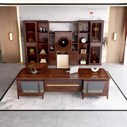 Ningqiu Luoge (NICHLORT) new Chinese-style solid wood boss desk office desk light luxury high-end executive desk modern simple president desk Chinese-style desk 3.0 meters office desk ebony wood