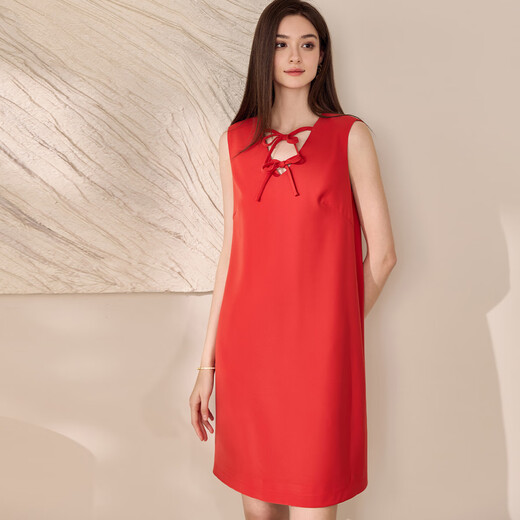 
ROEYSHOUSE high-end orange-red sleeveless dress for women 2025 summer new temperament bow straight skirt 11978 orange-red M