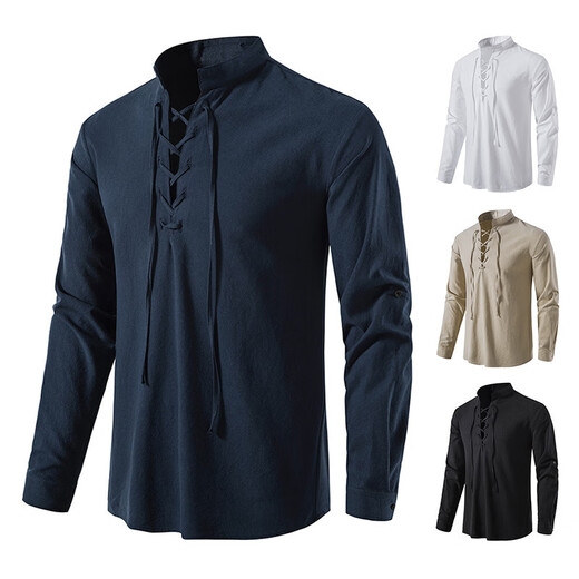 Men's Henley Medieval Retro Shirt Lace-Up Long Sleeve Shirt Nordic Style Renaissance Punk Performance Costume Navy L