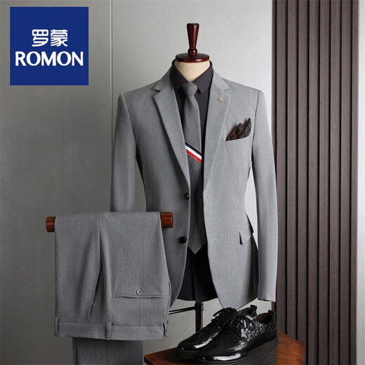 ROMON large size suit men's four seasons casual business formal fashion slim wedding groomsmen dress suit men's medium gray double button (suit + trousers) 52 (125-135Jin Jin equals 0.5 kg) XL