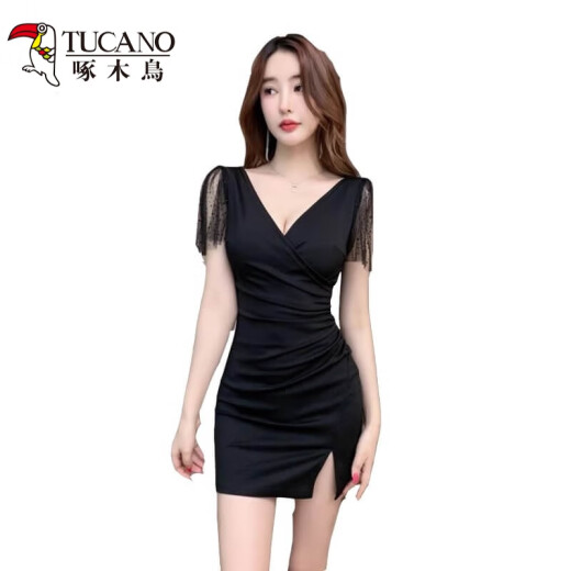啄木鸟性感连衣裙女深V礼服KTV足浴技师工作服包臀裙上班衣服 3897黑色 S 建议80-95斤