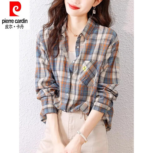 Pierre Cardin pure cotton plaid shirt for women spring and autumn new 2025 fashion shirt early spring style long-sleeved thin shirt top blue XL recommended 115-135 Jin Jin equals 0.5 kg