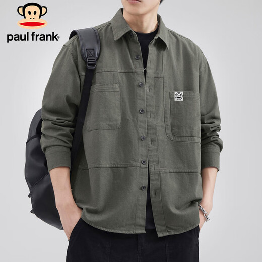 大嘴猴（paul frank）长袖衬衫男士春秋季美式复古休闲工装外套男上衣男装 森绿色 XL