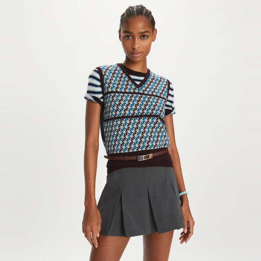 Tory Burch  汤丽柏琦【限时礼遇】 撞色罗纹提花V领针织背心TB 166506 水蓝色底纹 967 S 160/84A