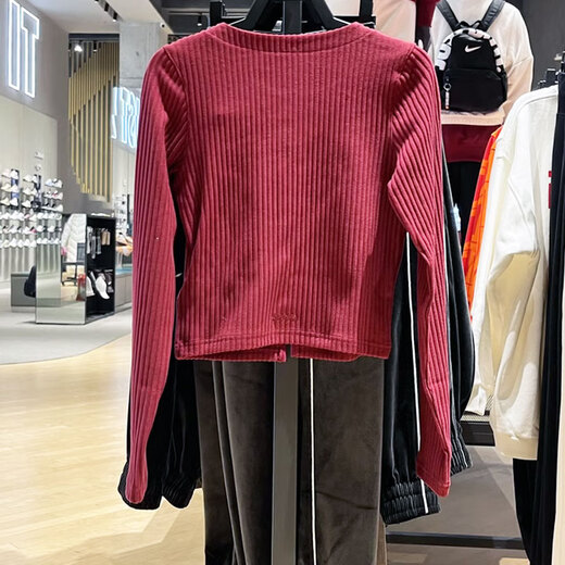 耐克（NIKE）外套女装春秋款V领修身鱼骨收腰运动服长T恤上衣 HV8459-677暗红 M