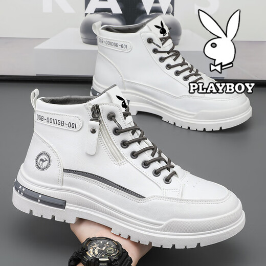 Playboy (PLAYBOY) men's shoes high top spring and summer new 2025 casual retro thick sole height-enhancing breathable trendy leather shoes men's Martin boots white gray 844 39