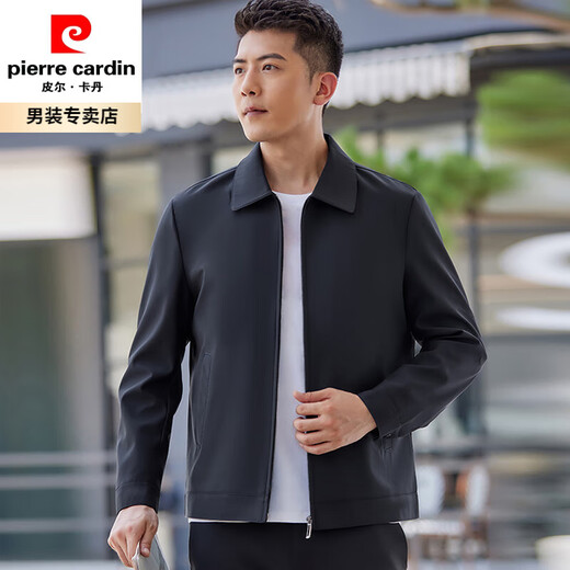 皮尔卡丹（pierre cardin）中年男士行政外套翻领春秋款商务休闲中年爸爸夹克通勤色上衣 黑色N9712 170/M 均码