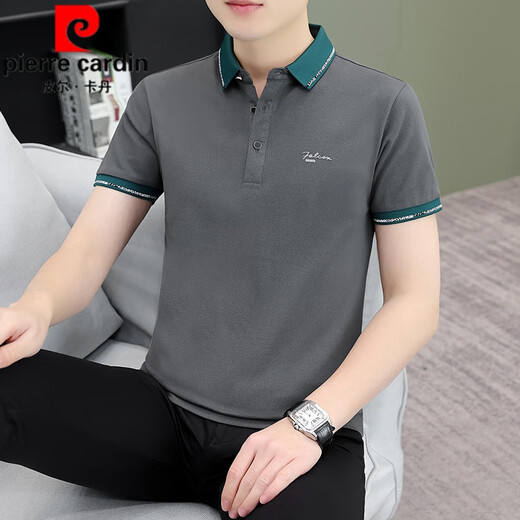 皮尔卡丹（pierre cardin）冰丝短袖t恤男士夏季潮流翻领子衬衫领POLO保罗衫半袖上衣服 TB-QY733黑色 M 【建议100-120斤】