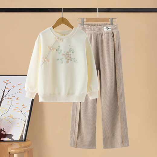 McTicco Girls Frühlingsanzug 2025 Neues Set Kindermodische Frühlings- und Herbstsportsportarten Big Children's Girls National Style Sweatshirt Mode 15188 Lila + 4882 Weiß 170 cm