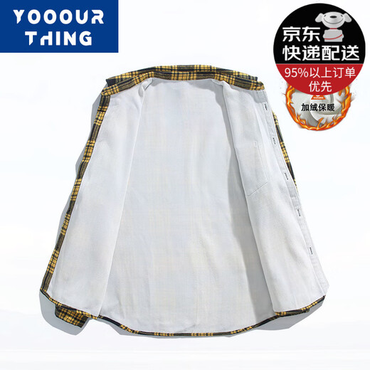 YOOOURTHING美式复古格子衬衫男长袖春秋冬加绒加厚宽松情侣百搭休闲衬衣外套 CJ9735-黑白格 加绒 M (建议90-110斤)