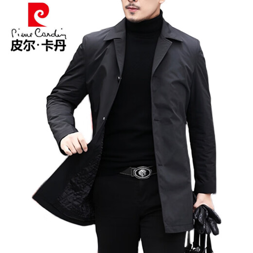 皮尔卡丹中长款风衣男2025新款春秋季西装领中年男商务修身服简约外套男 黑色A829款（不加棉） 常规 XL 180