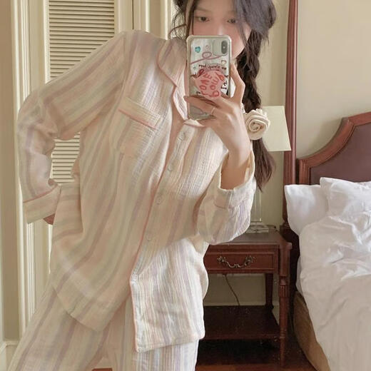 猫人（MiiOW）纯棉纱布睡衣女春秋季长袖棉绸甜美油画感条纹休闲云朵棉家居服套 QMS长袖开衫-9902彩虹条纹 80-100斤 M