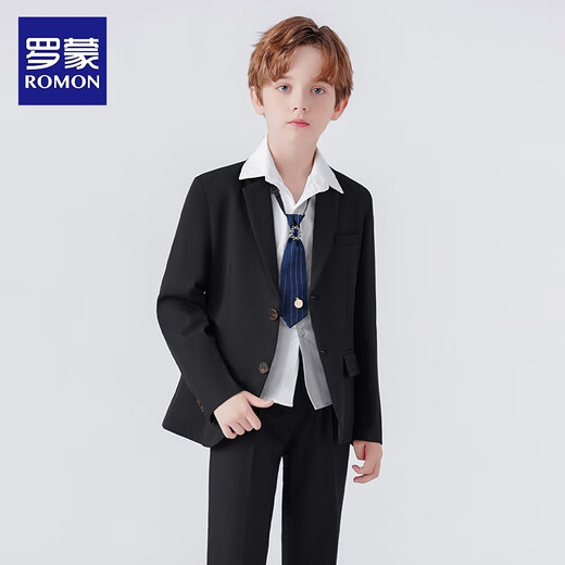 罗蒙儿童西装套装男童帅气英伦休闲小西服中大童新款演出礼服 黑色140