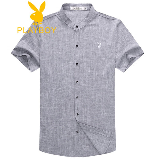 花花公子（PLAYBOY）中年男棉麻立领短袖衬衫衣夏季薄款宽松大码商务爸爸装圆领衬衣寸 咖红 Z6636格子咖红 S 165/84A