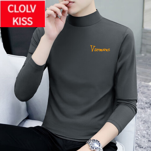 
ClolvKiss autumn and winter half-high neck base shirt men's long-sleeved T-shirt pure cotton autumn clothes versatile plus velvet simple thickened thermal underwear black YP-C6187 plus velvet M