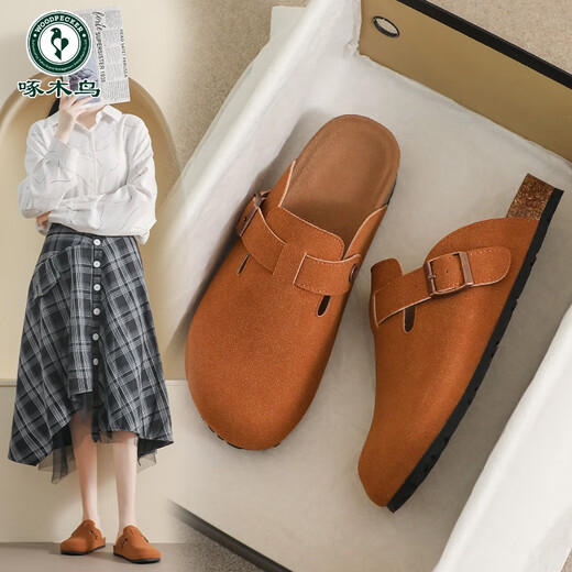 Specht Leder Birkenstock Schuhe für Frauen 2025 Frühling neuer dicker Doken Baotou Half-Slipper Sommerstil Soft-Soled Sandalen Khaki (683-1) 36