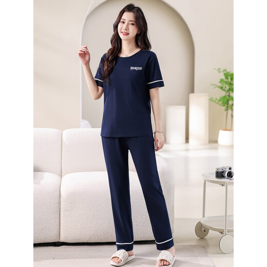 浪莎睡衣女夏季纯棉短袖薄款2025年新款夏天休闲全棉可外穿长裤家居服 7374豆绿 M 80-100斤