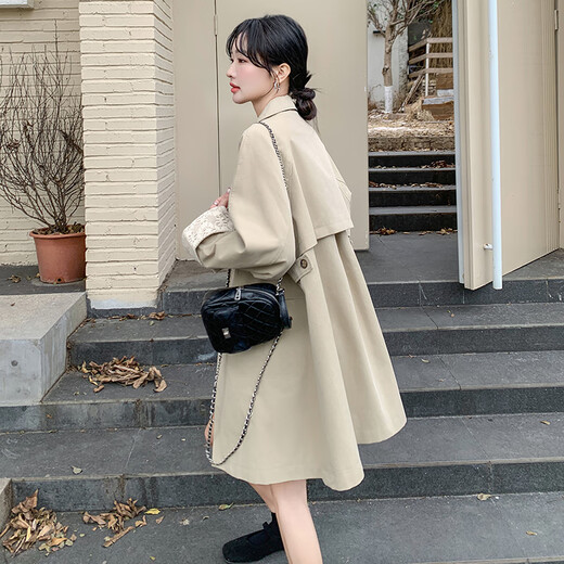 皮尔卡丹卡其色设计感蕾丝拼接风衣外套女2025春季韩系宽松显瘦中长款大衣 卡其色 常规 L （ 121-135斤）