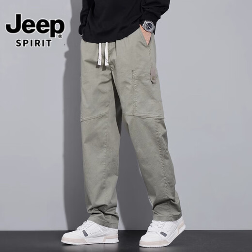 JEEP SPIRIT吉普纯棉休闲裤男工装夏季新款宽松薄款直筒美式潮牌阔腿长裤子男 2043灰绿 【高品质面料】 XL 【建议135-155斤】