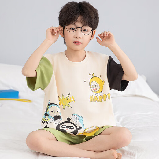 Taiyi Real Boy Pyjamas Sommer kurzärmelig mittelgroße Kinder-Kinder-Jugendliche 2025 neue Baumwollkleidung für Kinder [100% reine Baumwolle] YM-695 Huanglong 140 [16 Größen] Empfohlene Höhe 133-143 cm