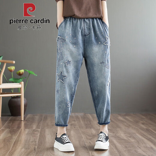 皮尔卡丹（PIERRE CARDIN）刺绣牛仔哈伦裤女春秋季2025年宽松大码松紧腰复古做旧休闲九分裤 831#复古蓝【星星刺绣】九分裤 2XL 145-160斤