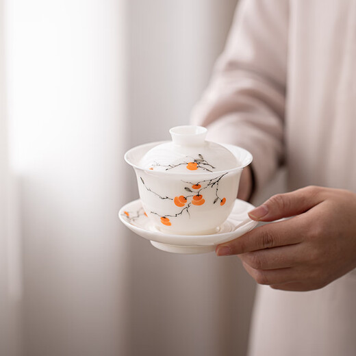 SUSHI CERAMICS ice jade porcelain tea bowl hand-painted underglaze colored persimmon persimmon Ruyi Sancai covered bowl two teacups tea set gift box