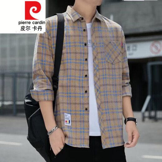 
Pierre cardin plaid casual shirt men's spring and autumn long-sleeved shirt Korean top retro loose autumn thin jacket K12108 white M 90-110Jin [Jin equals 0.5 kg]